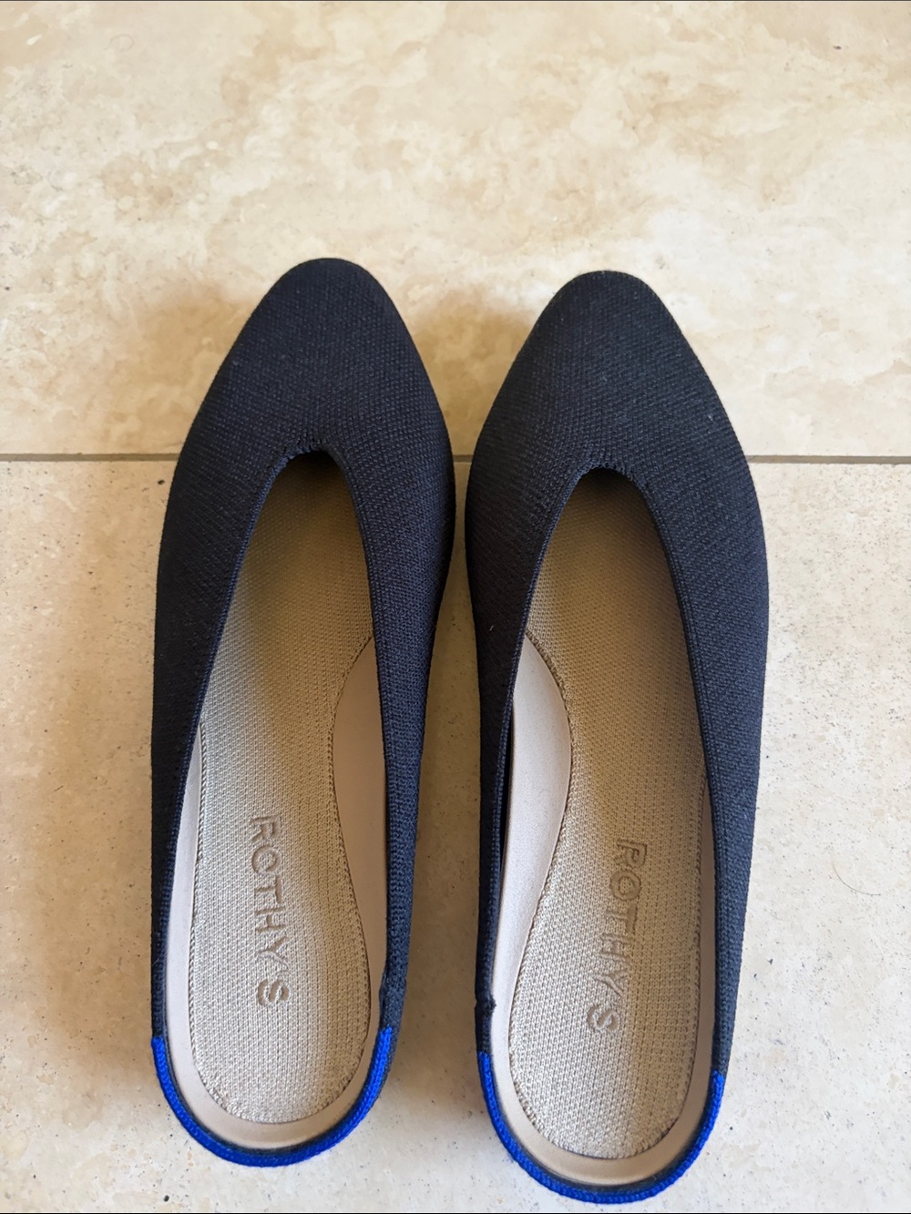 Rothy's Black Knit Slip-On Flats with Blue Heel Accent